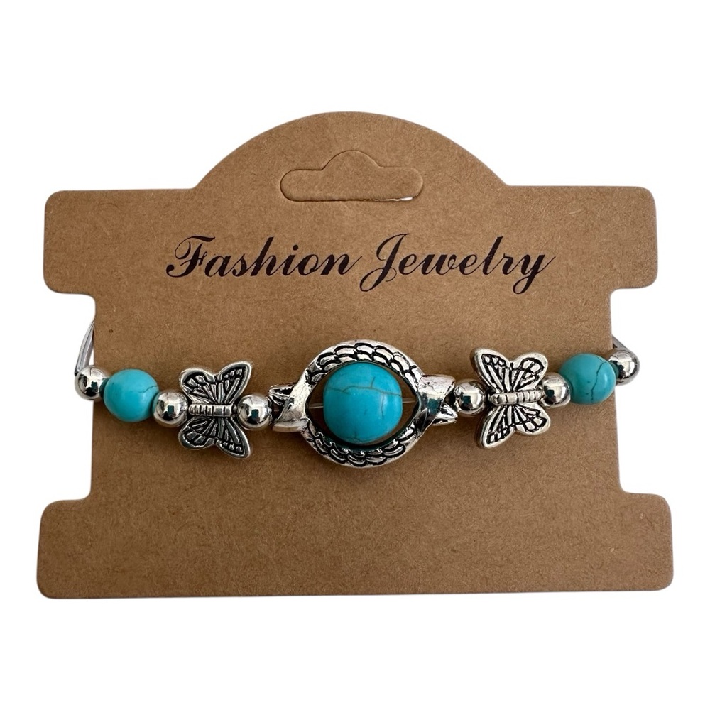 New Boho Faux Turquoise & Silver Tone Beaded Butterfly Bracelet Vintage Inspired